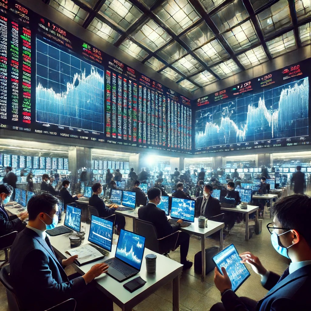 DALL·E 2024-06-17 22.02.57 - A busy stock exchange floor with traders wearing masks, showing market volatility. Large screens display stock prices and graphs with significant fluc