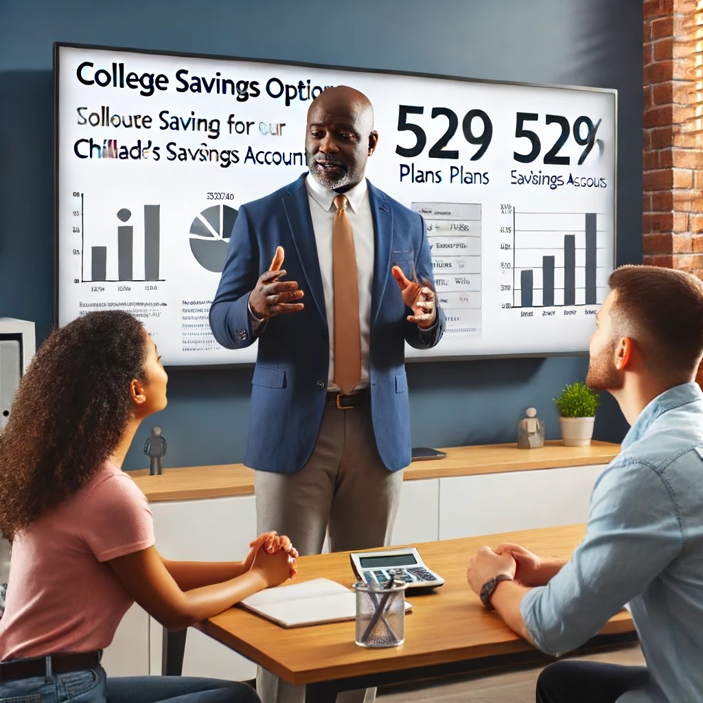 DALL·E 2024-06-15 21.14.35 - A financial advisor explaining college savings options using graphs and charts during a consultation. The office is professional and well-equipped, wi