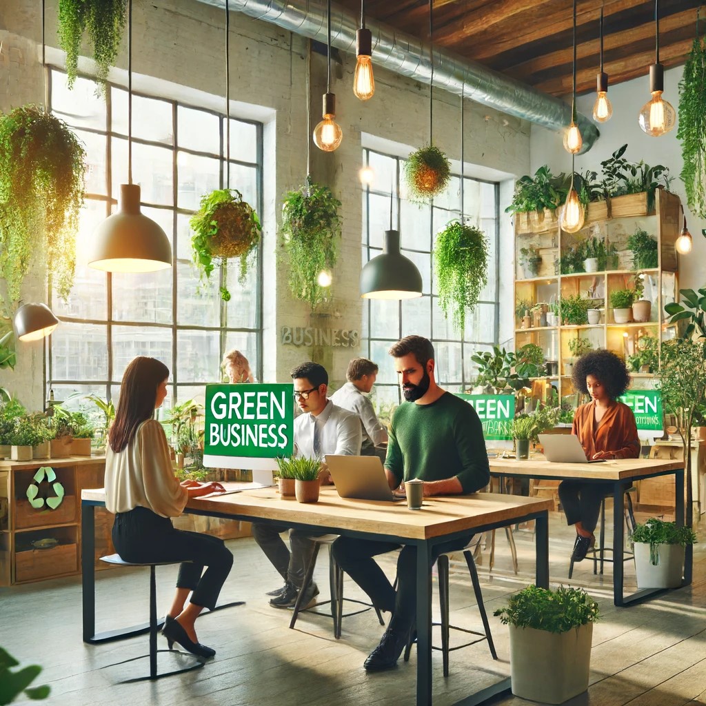 DALL·E 2024-06-14 16.49.00 - A modern small business office focused on sustainability, featuring energy-efficient lighting, recycled materials for decor, and green plants around t