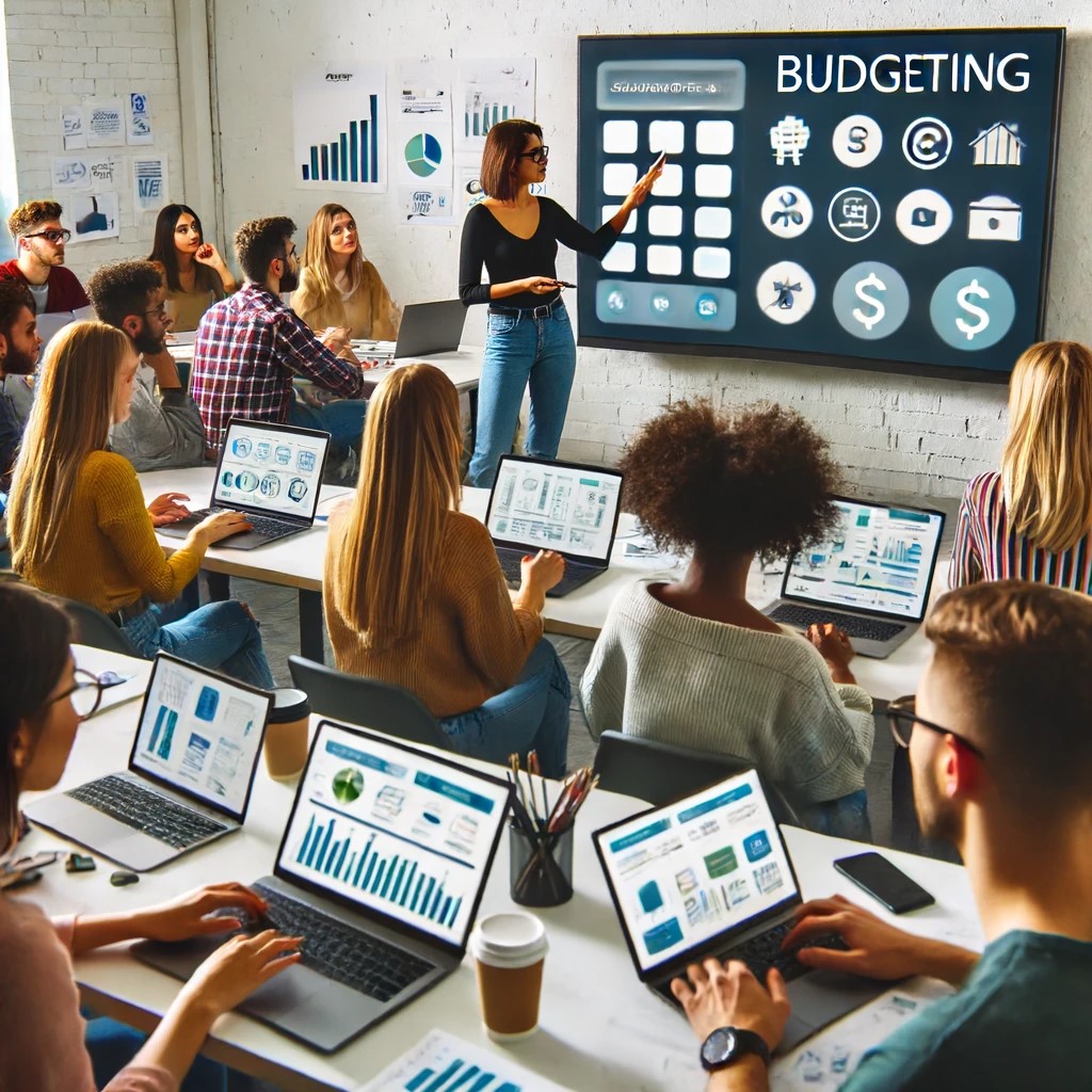 DALL·E 2024-06-17 22.09.48 - A diverse classroom with students using laptops and tablets, engaged in an interactive financial education lesson. The teacher is explaining a budgeti