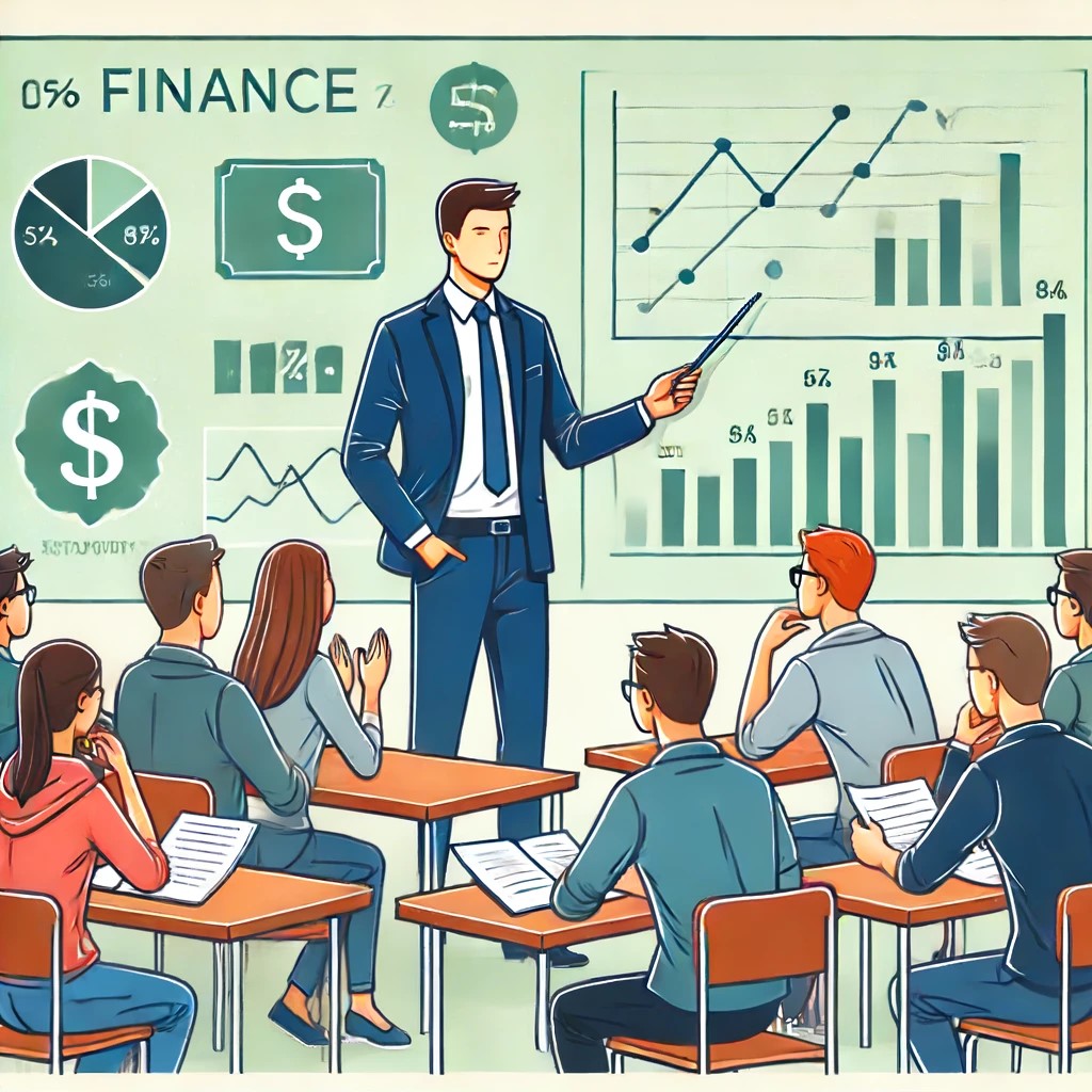 DALL·E 2024-06-17 22.09.51 - A classroom with students and a guest speaker from the finance industry. The speaker is discussing real-life financial scenarios, and the students are