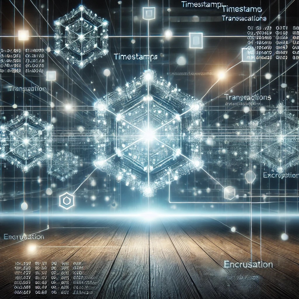 DALL·E 2024-06-20 21.09.16 - A conceptual illustration showing a digital ledger of blockchain in insurance. The image features a large, glowing blockchain network with interconnec