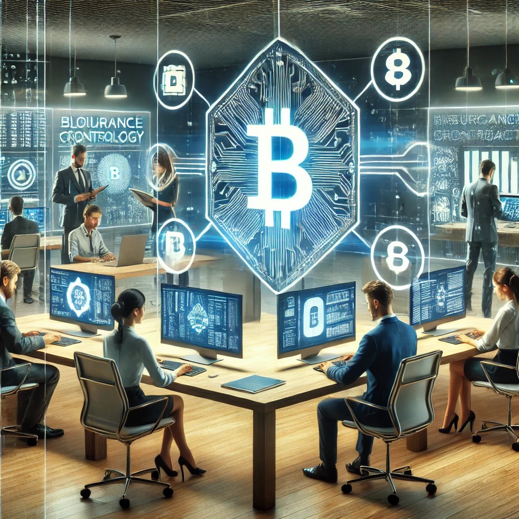 DALL·E 2024-06-20 21.09.15 - A modern office scene depicting insurance professionals working with blockchain technology. The setting includes advanced computers displaying blockch