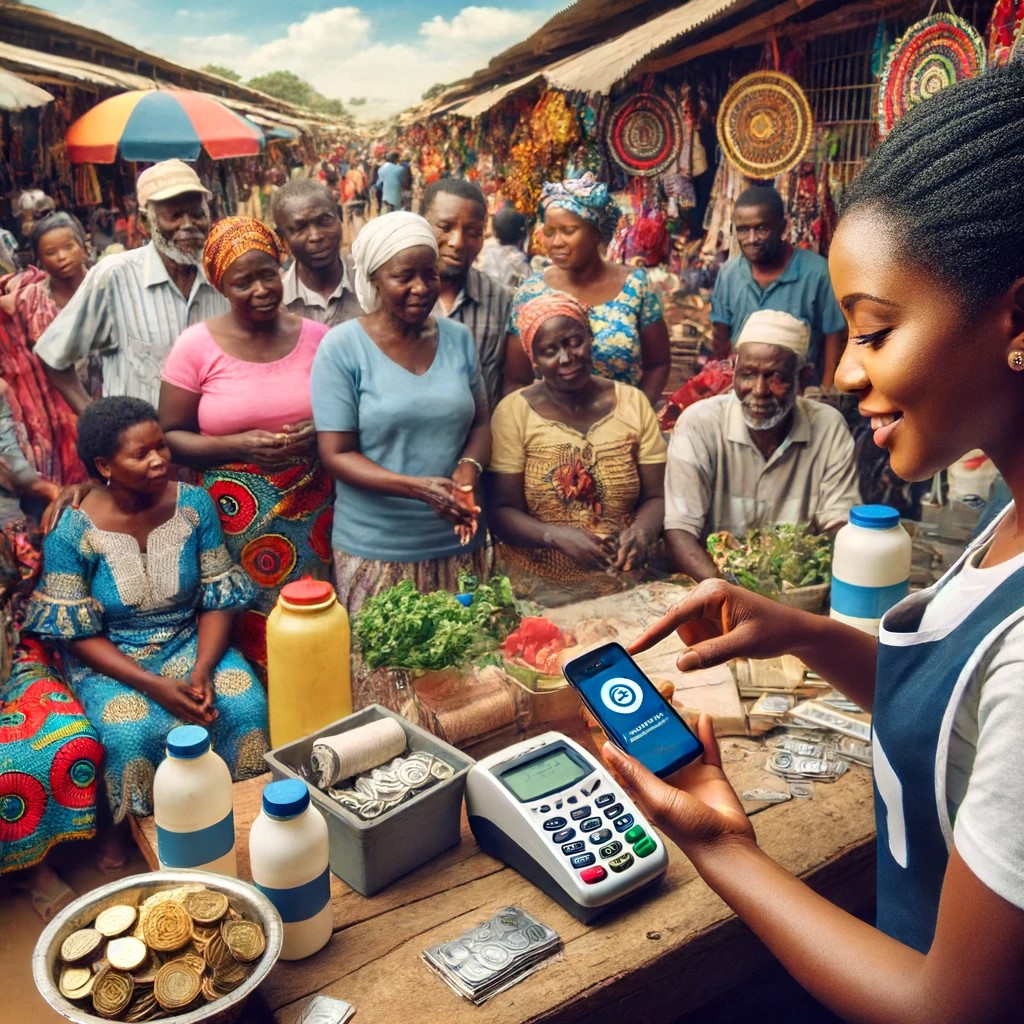 DALL·E 2024-06-16 19.43.49 - A bustling local marketplace in a developing country where a mobile payment representative is demonstrating how to use a mobile banking app to a group