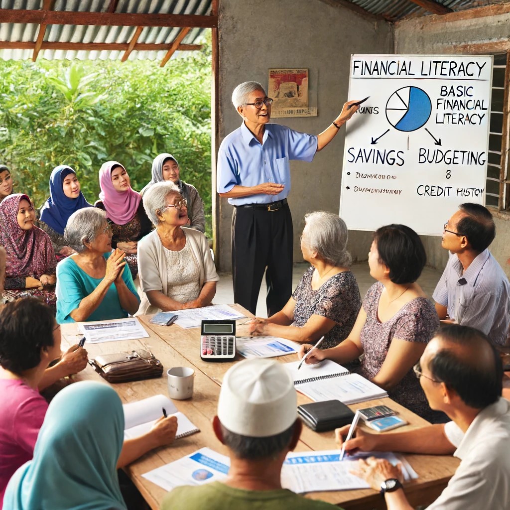 DALL·E 2024-06-16 19.53.44 - A financial education workshop in a rural community center of a developing country, featuring a diverse group of attendees learning about basic financ