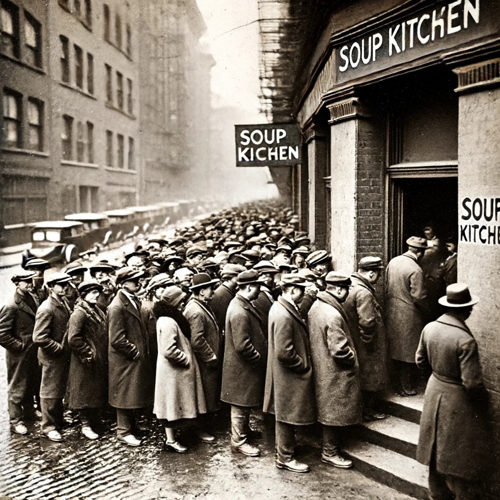 DALL·E 2024-06-17 22.25.12 - A historic photograph of people during the Great Depression in the 1930s, showing long queues outside a soup kitchen with a somber atmosphere