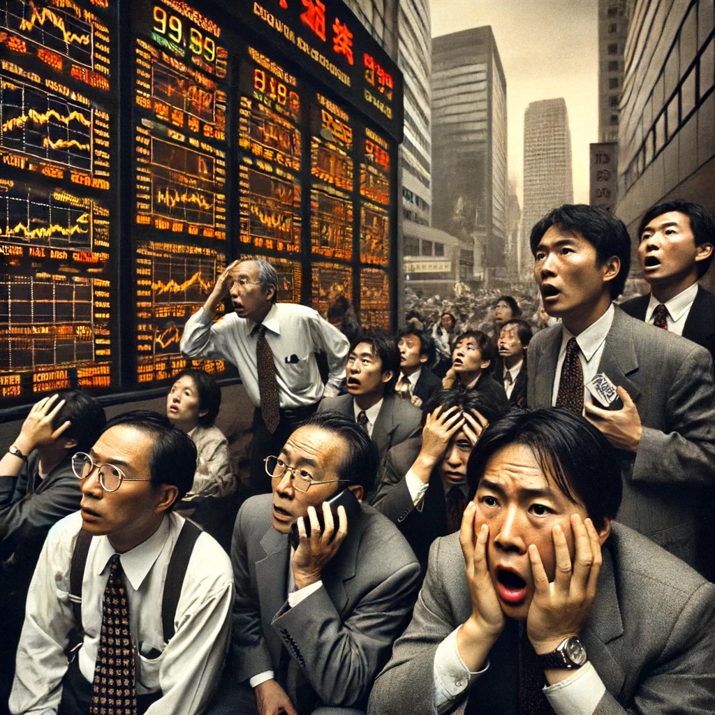 DALL·E 2024-06-17 22.25.13 - A photograph of the 1997 Asian Financial Crisis, showing stock market crashes with people anxiously watching stock tickers in an Asian financial distr