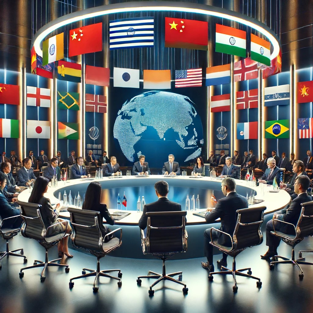 DALL·E 2024-06-17 23.44.23 - A modern global economic summit where leaders from emerging economies are discussing future trade policies. The conference room is sophisticated, with