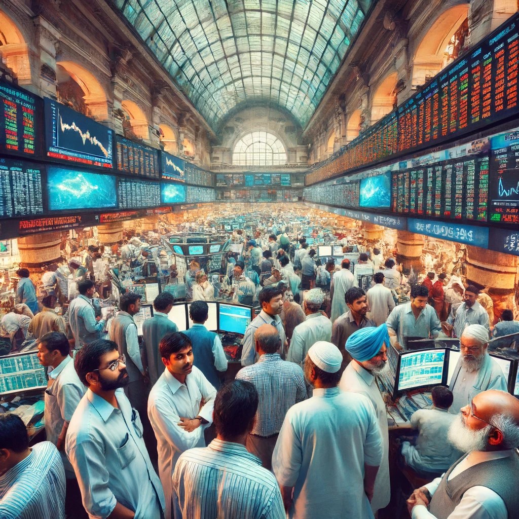 DALL·E 2024-06-17 23.44.24 - A bustling stock exchange in Mumbai, India, showcasing the dynamic nature of emerging markets. The scene is vibrant with traders of diverse ethnic bac