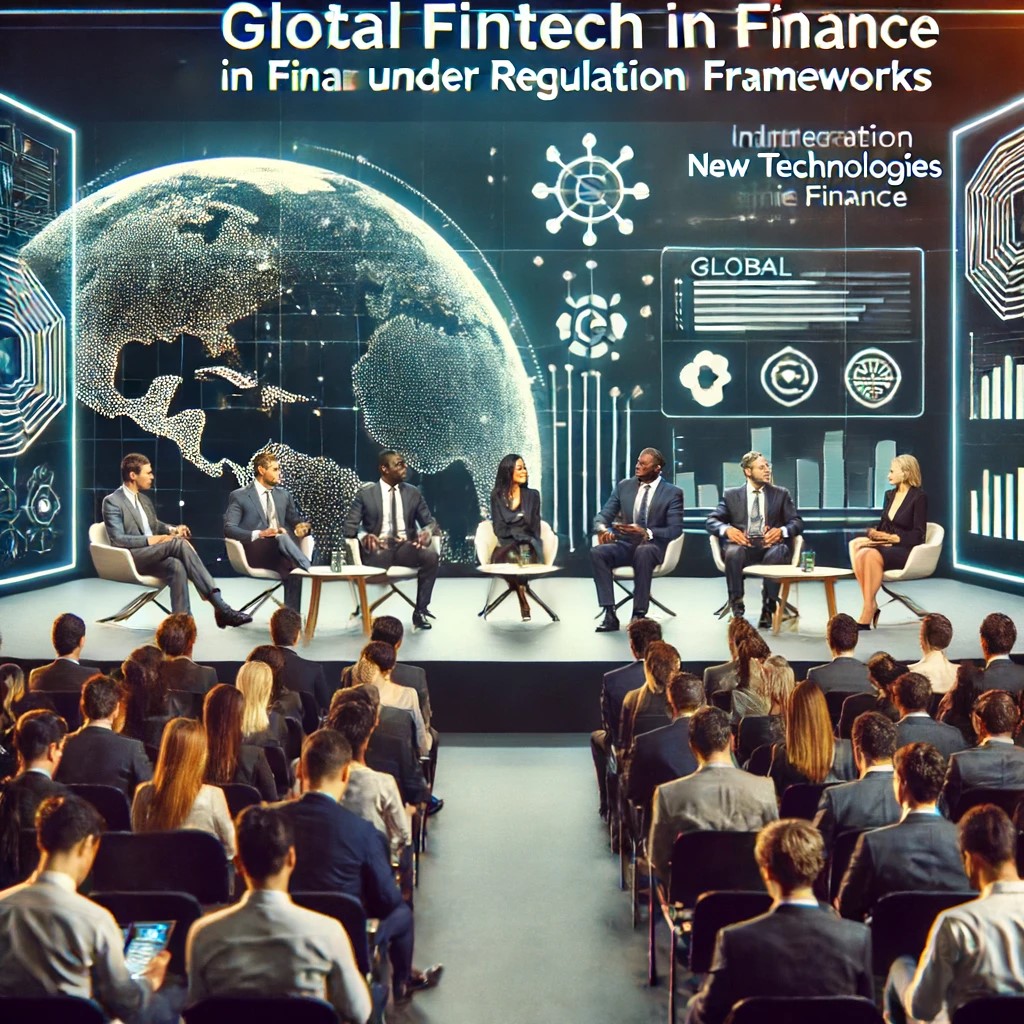 DALL·E 2024-06-17 21.25.24 - A digital fintech conference where global regulators and fintech leaders discuss the integration of new technologies in finance under regulatory frame