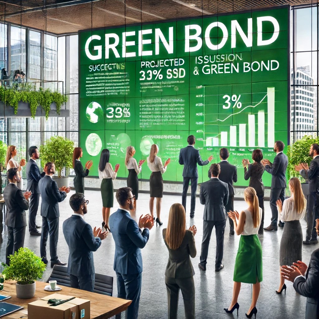 DALL·E 2024-06-16 21.02.14 - A sophisticated green bond issuance ceremony in a modern corporate office. The scene includes a diverse group of financial professionals celebrating t