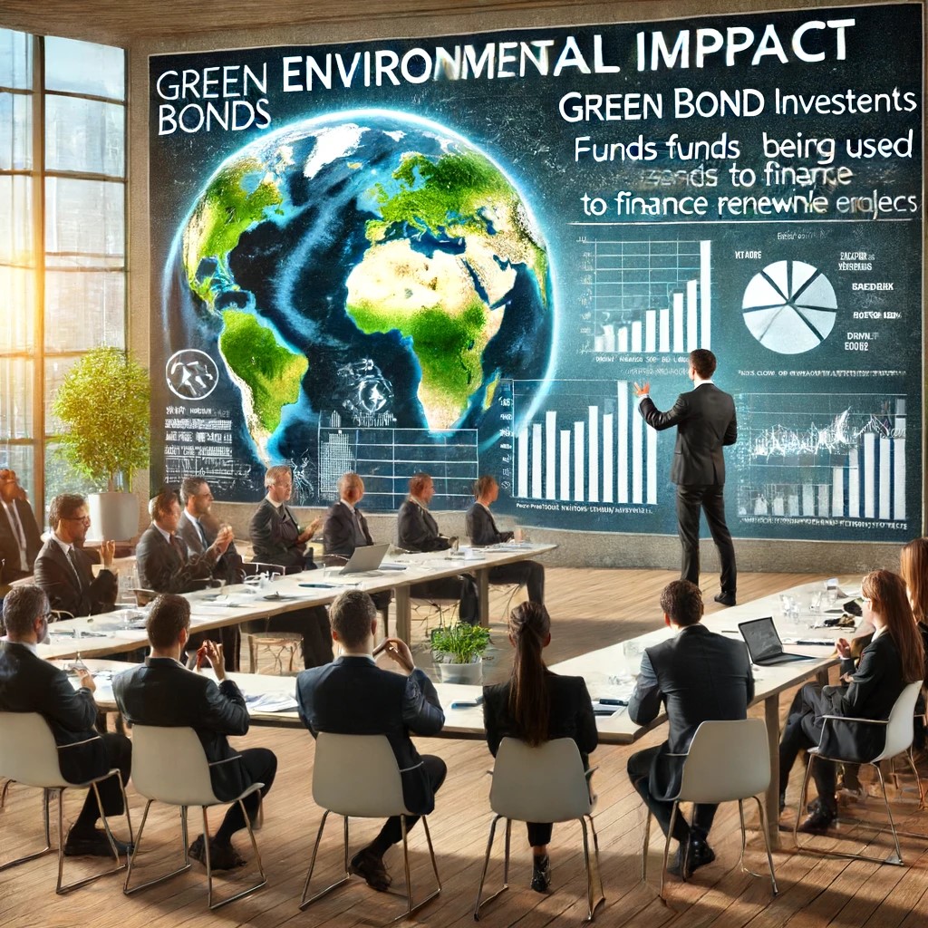 DALL·E 2024-06-16 21.02.15 - An environmental impact presentation related to green bond investments, featuring a financial analyst explaining to investors how funds are being used