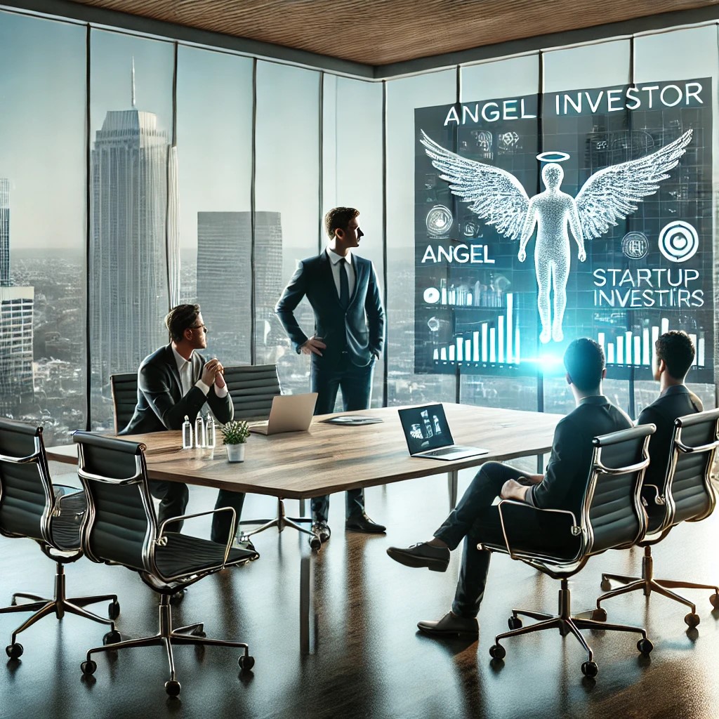 DALL·E 2024-06-20 21.20.10 - A modern office scene depicting an angel investor meeting with startup founders. The setting includes a sleek conference room with a large window over