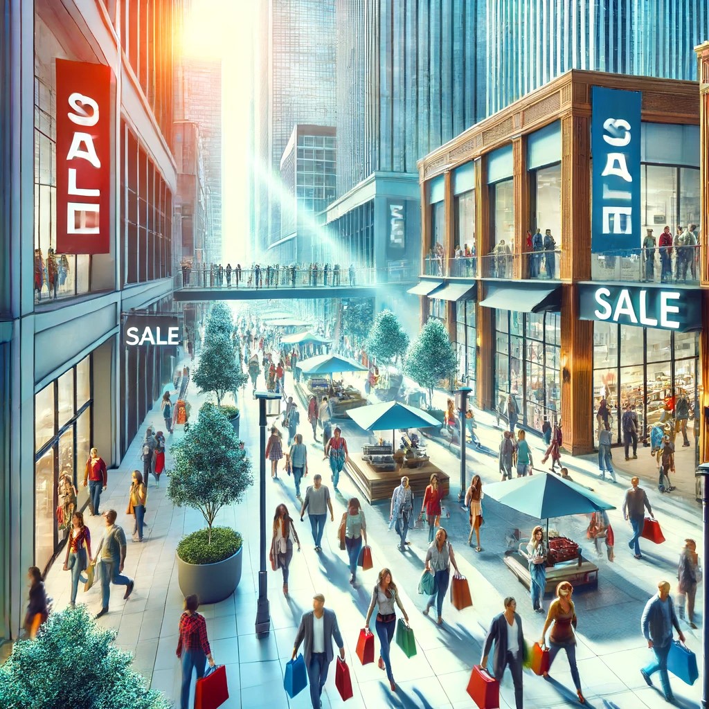 DALL·E 2024-06-15 21.21.42 - A busy urban shopping district, illustrating robust consumer spending. The scene shows a bustling street filled with people of various demographics ca