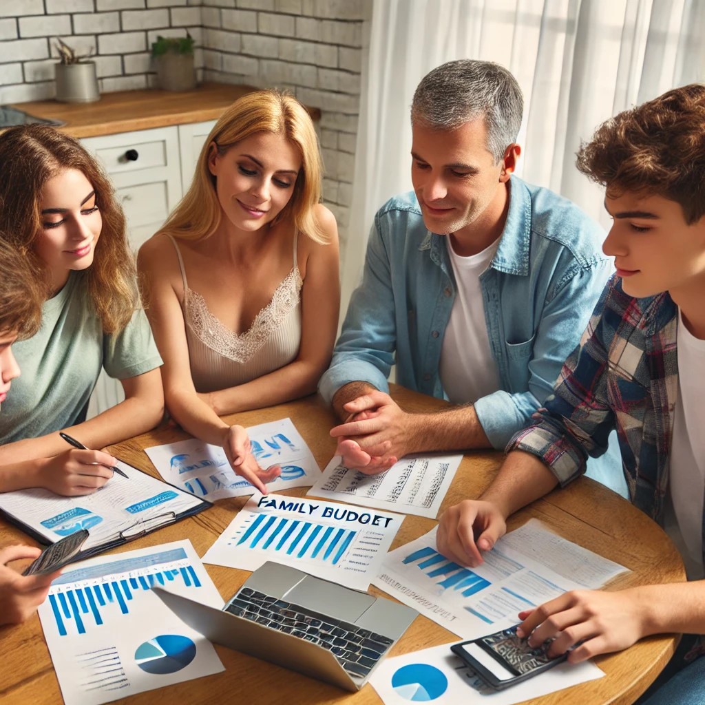 DALL·E 2024-06-16 18.24.47 - A family sitting around a kitchen table, discussing their budget and planning future purchases. The scene includes a middle-aged couple and their two 