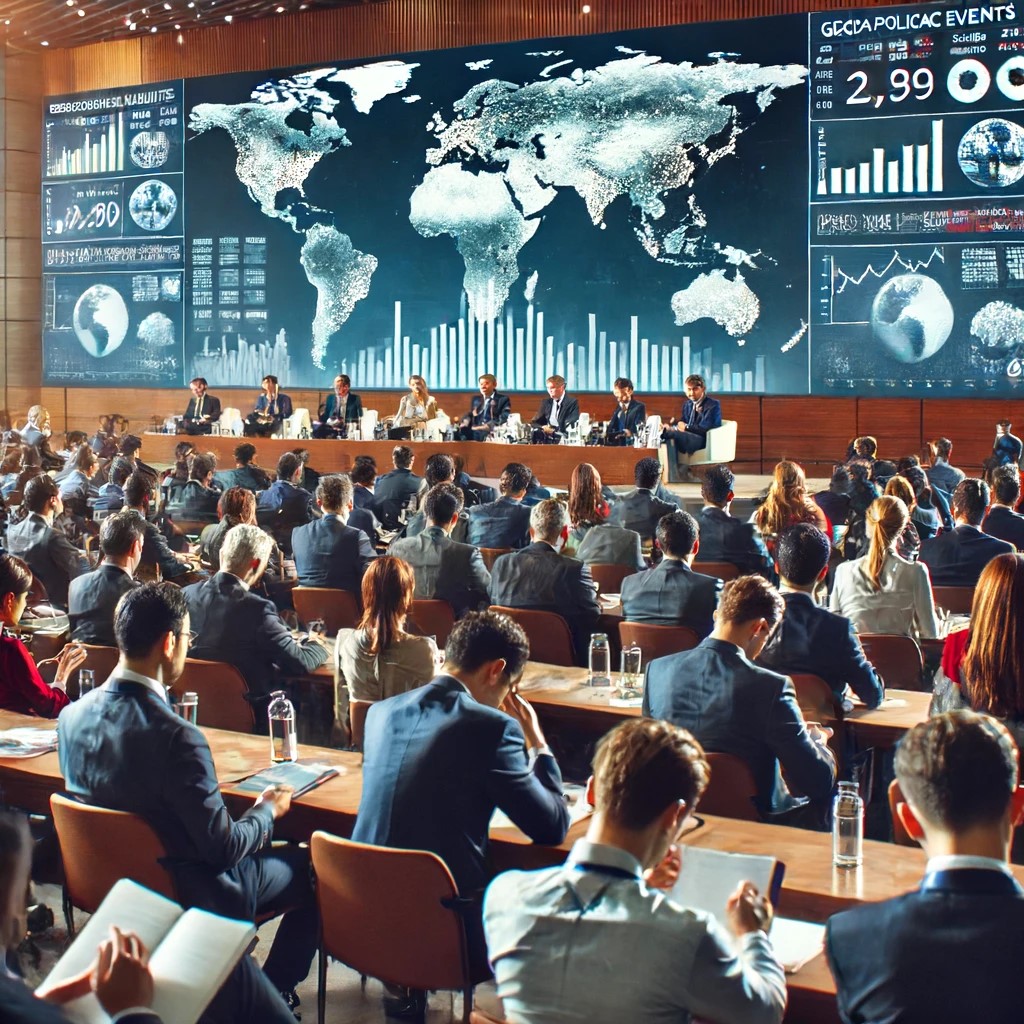 DALL·E 2024-06-15 20.42.55 - A global financial conference where experts are discussing the impact of geopolitical events on financial markets. The setting is a large conference h