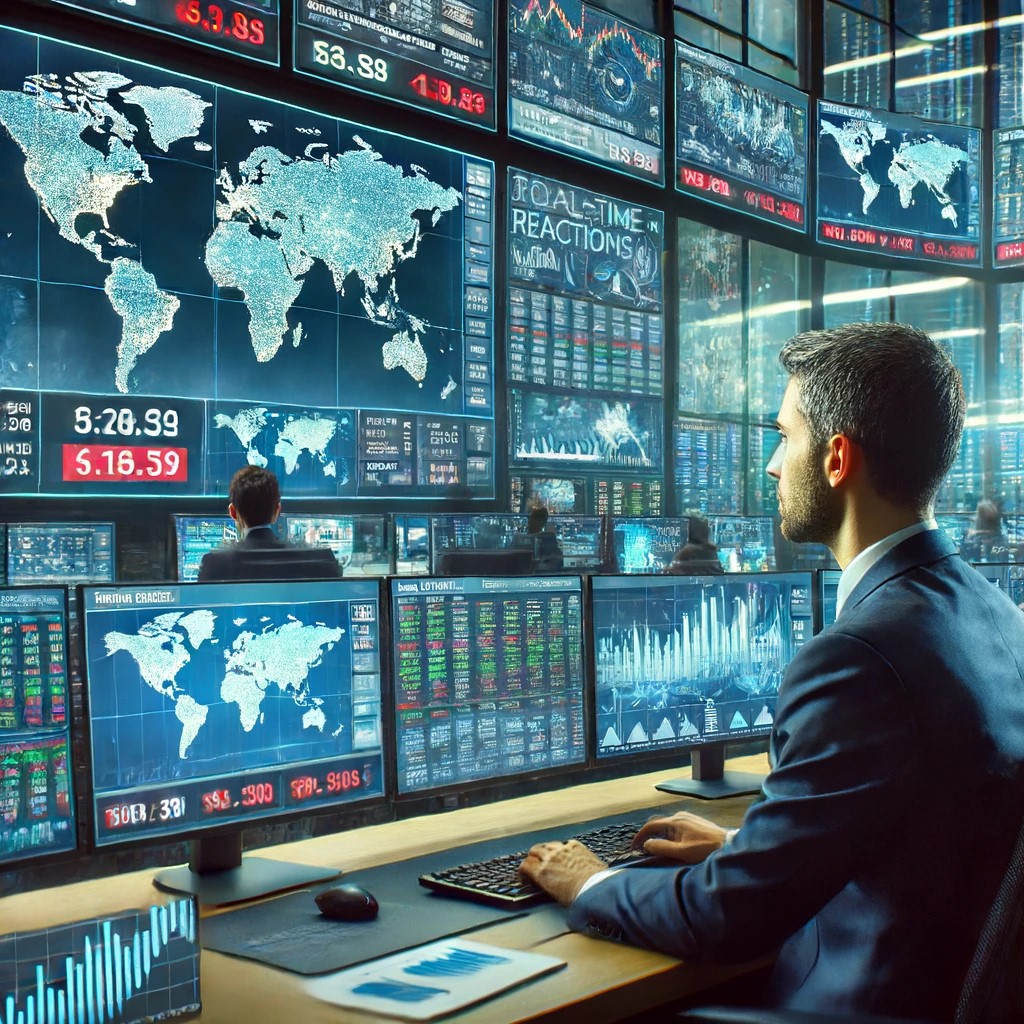 DALL·E 2024-06-15 20.42.56 - A financial analyst monitoring global markets on multiple screens in a high-tech trading room. The analyst, a South Asian male, is intently observing 