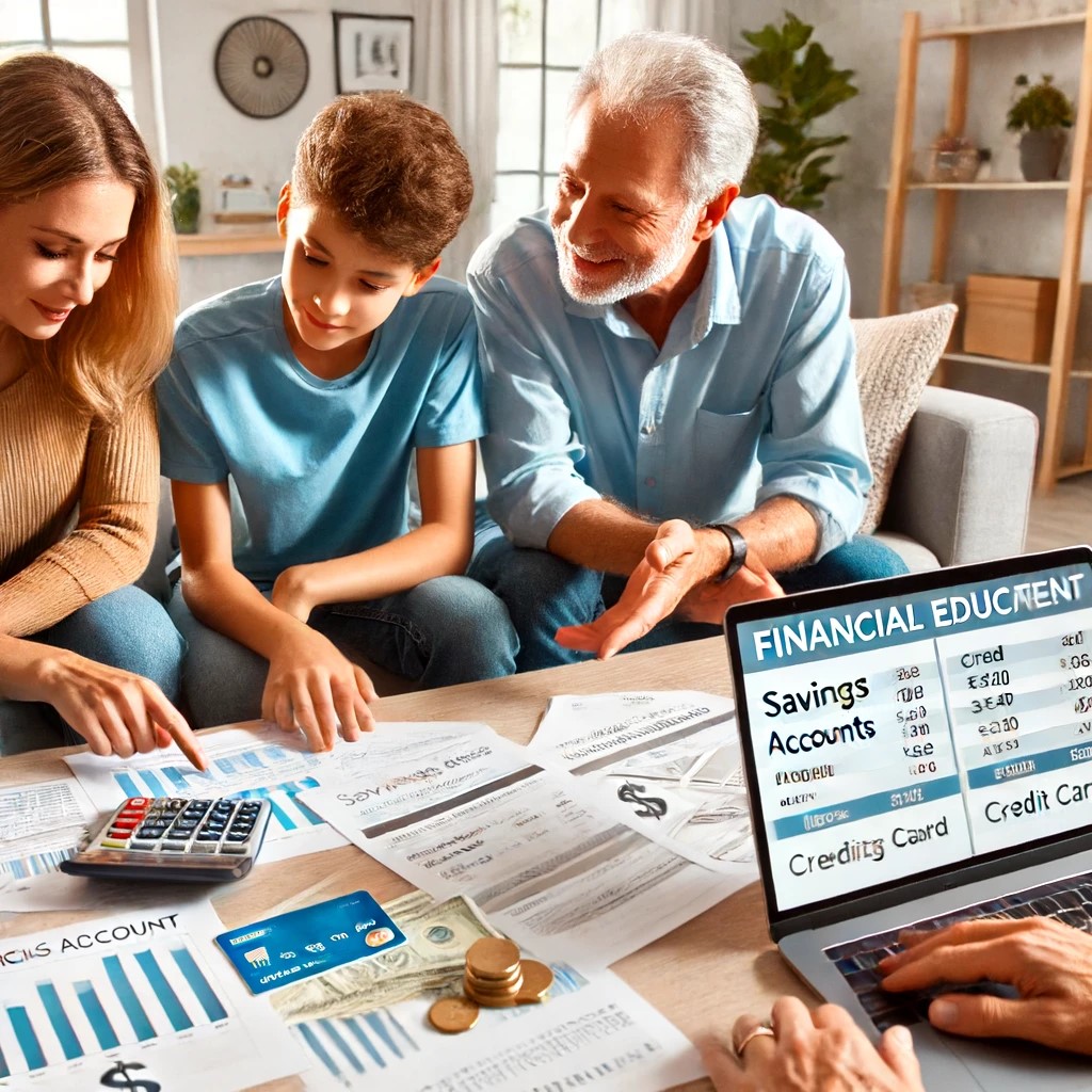 DALL·E 2024-06-16 18.43.41 - A family engaging in a financial planning session at home. The scene shows parents teaching their teenage children about managing finances using real-