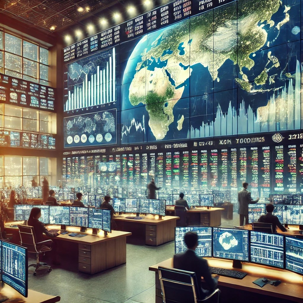 DALL·E 2024-07-10 00.13.53 - A modern financial trading floor where traders monitor global markets affected by international trade policies. The room is bustling with activity, fe