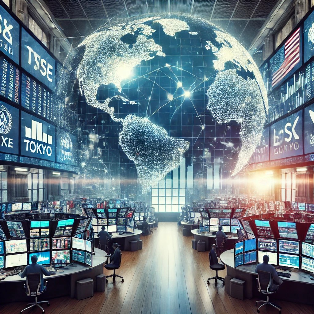 DALL·E 2024-07-09 10.39.55 - A modern global trading floor where traders manage international investments, showcasing screens displaying stock exchanges from around the world like