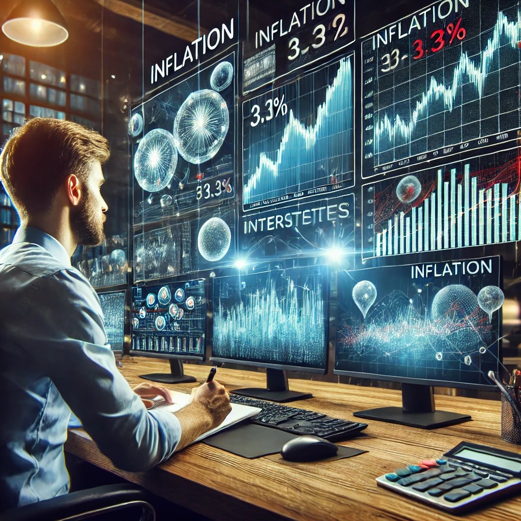 DALL·E 2024-07-08 00.05.03 - A financial analyst reviewing inflation trends on multiple computer screens in a modern office setting. The screens display dynamic charts and graphs 