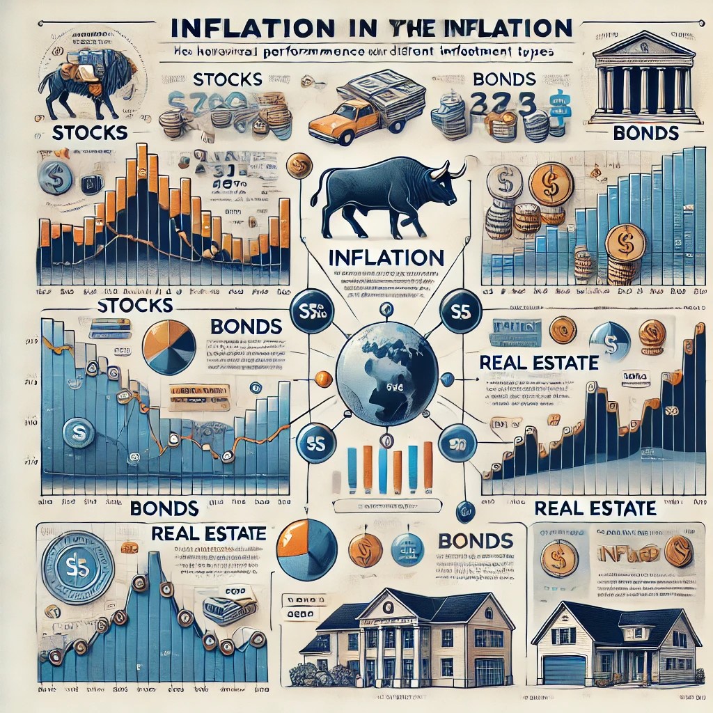 DALL·E 2024-07-08 00.05.04 - A detailed infographic illustrating the relationship between inflation and various investment types like stocks, bonds, and real estate. The infograph