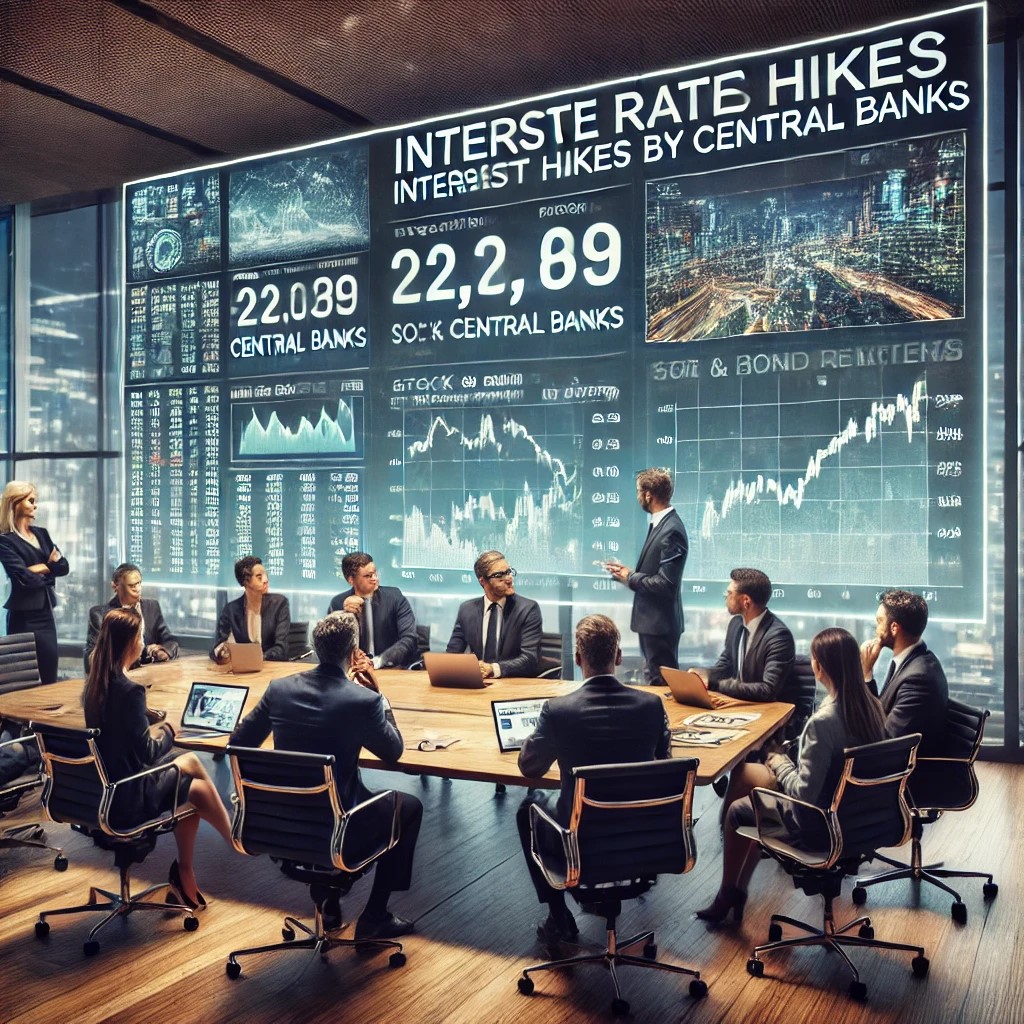 DALL·E 2024-07-09 23.19.18 - A meeting room where financial experts are discussing the implications of recent interest rate hikes by central banks. The room is equipped with a lar