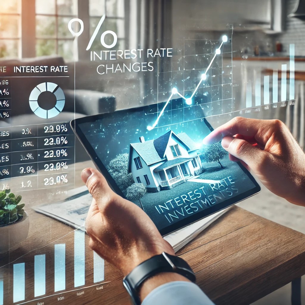 DALL·E 2024-07-09 23.19.20 - An investor at home analyzing the effect of interest rate changes on real estate investments using a tablet. The screen displays interactive charts an