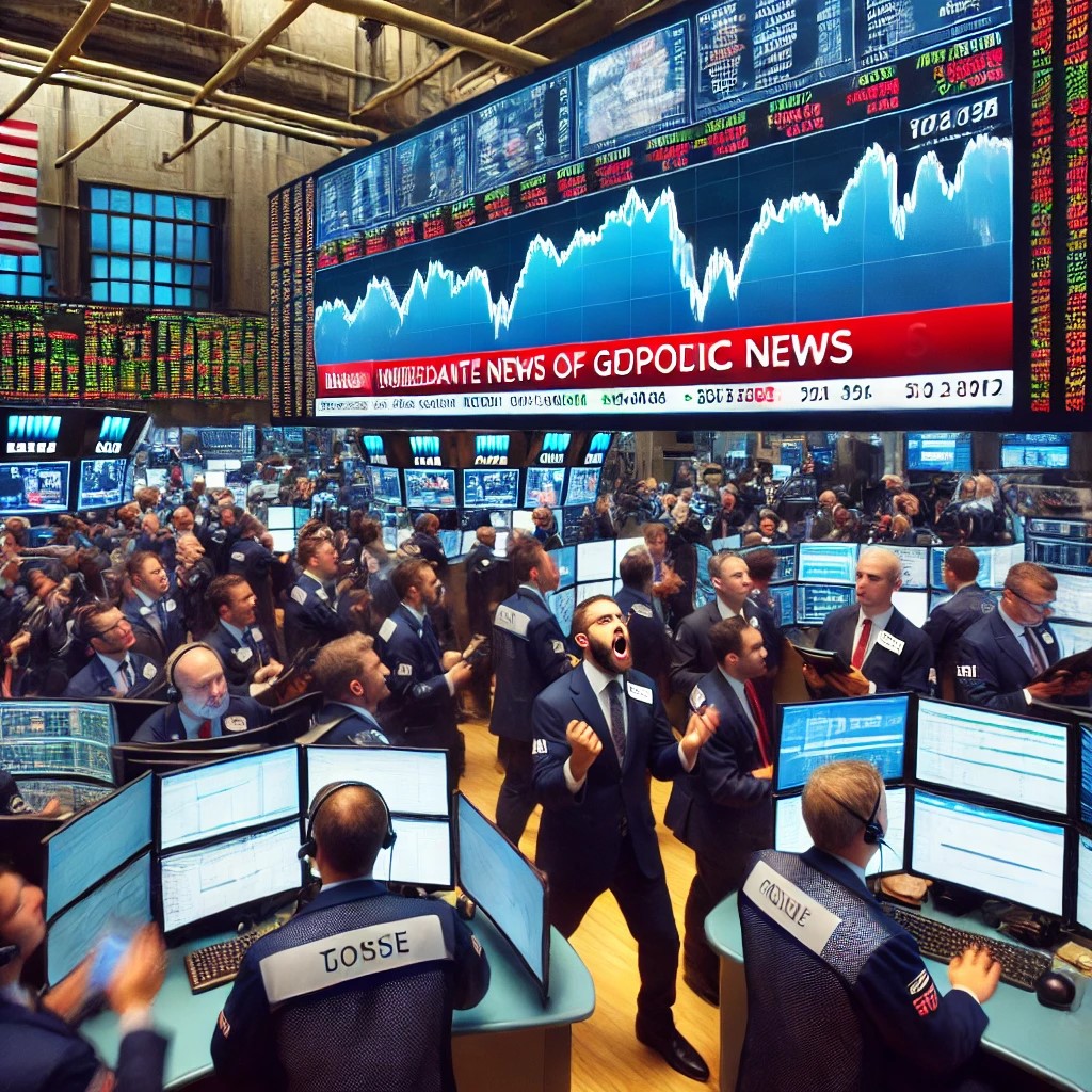 DALL·E 2024-07-08 00.37.06 - A bustling stock exchange floor with traders reacting to breaking news on geopolitical events. The scene shows a large digital screen displaying news 